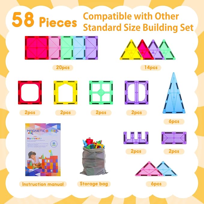 Antibacterial Magnetic Tiles 58PCS, STEM Toy for Kids Aged 3+ | Bacteria resistant, Safer play, EPA-registered, Fits other brands, ABS plastic, Montessori toy, Daycare, Classroom gift