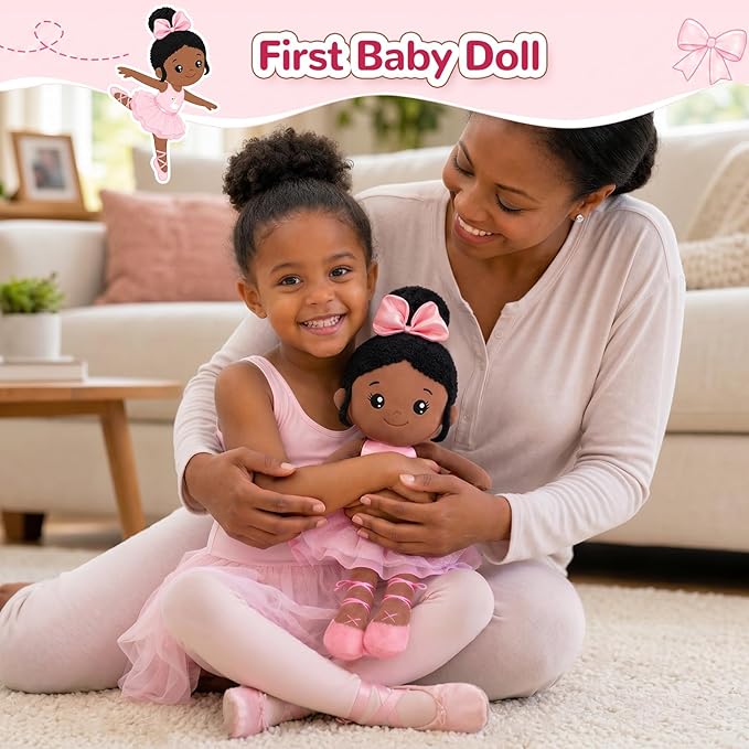 OUOZZZ 12.6" Black Soft Baby Dolls Toys for 1 Year Old Girl Gifts, African American Dolls Birthday Gifts for 1 Year Old Girl Ballerina Doll Plush Toys for Toddler
