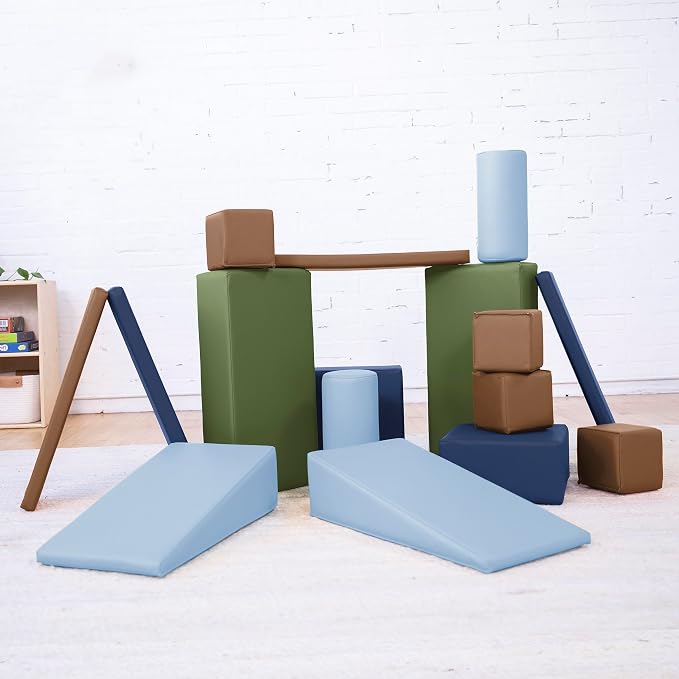 ECR4Kids SoftZone Builder Stacking Blocks and Shapes, Beginner Playset, Earthtone, 16-Piece