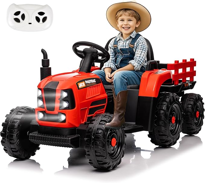 24V Ride on Tractor with Trailer, 400W Electric Car for Kids, Toddler Ride On Toy W/Remote Control, 3 Speed Adjustable, MP3, Bluetooth, LED Light, Emerald