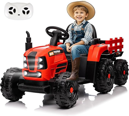 24V Ride on Tractor with Trailer, 400W Electric Car for Kids, Toddler Ride On Toy W/Remote Control, 3 Speed Adjustable, MP3, Bluetooth, LED Light, Emerald