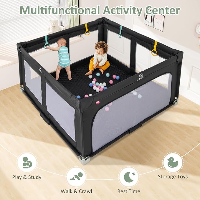 INFANS Foldable Baby Playpen with Mat, 59” x 59” Large Baby Play Yard for Infant with 50 Ocean Balls, 4 Handlers, Carry Bag, Indoor Outdoor Fence Toddler Activity Center (Black, 59” x 59”)