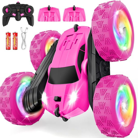 Remote Control Car, RC Cars for Girls, 2.4 GHz Double Sided RC Crawler with Upgraded USB-C Modular Battery, 360°Rotating Car Toys for 6 7 8 9 10 11 12 Year Old Girl Birthday Gift Rose