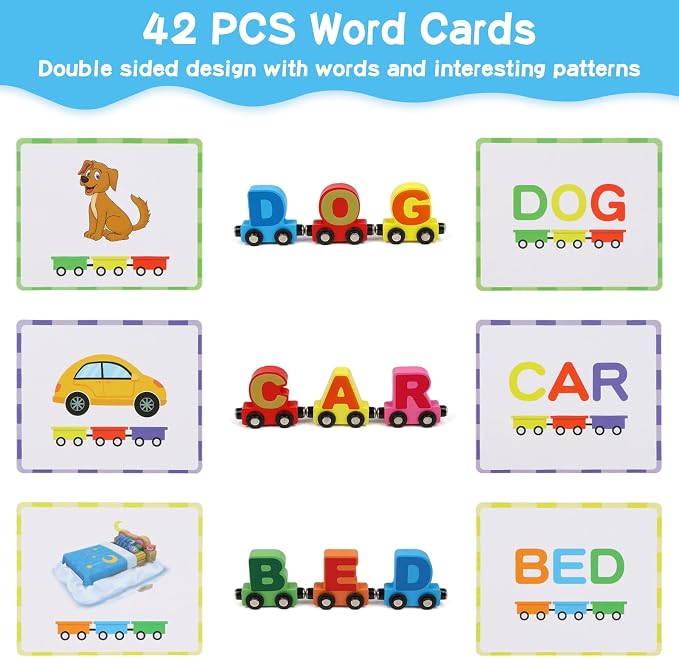 Wondertoys Wooden Alphabet Train Toy 27 PCS Magnetic Alphabet ABC Letter Train Set Includes 42 PCS Flash Cards, 1 Engine and 1 Storage Bag for Toddlers Kids Boys and Girls