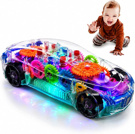 Transparent Sensory Gear Toy Car for Kids, Bump & Go Toy Car with Colorful Moving Gears, Music & LED Lights, Interactive Light Up Toys for Toddlers, Boys & Girls, Great Birthday Gift