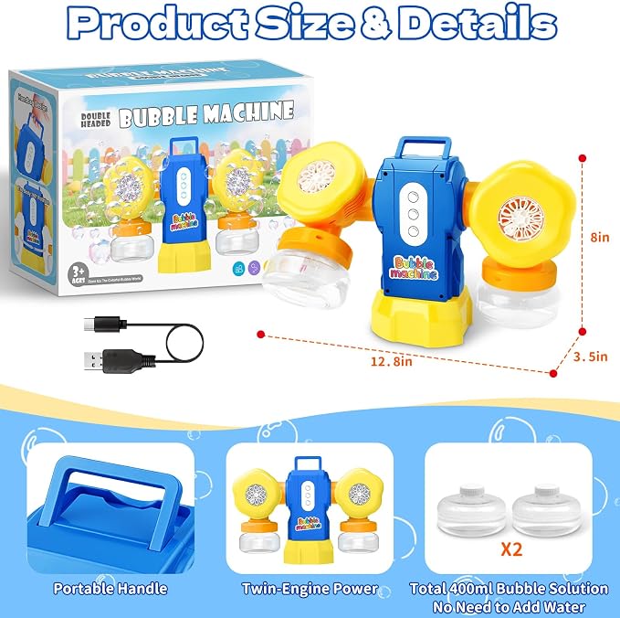 Dual-Engine Bubble Machine with LED Lights & Automatic 360° Rotation & 90° Adjustable, Type-C Rechargeable Bubble Blower Maker for Kids Birthday Parties Weddings Outdoor Activities