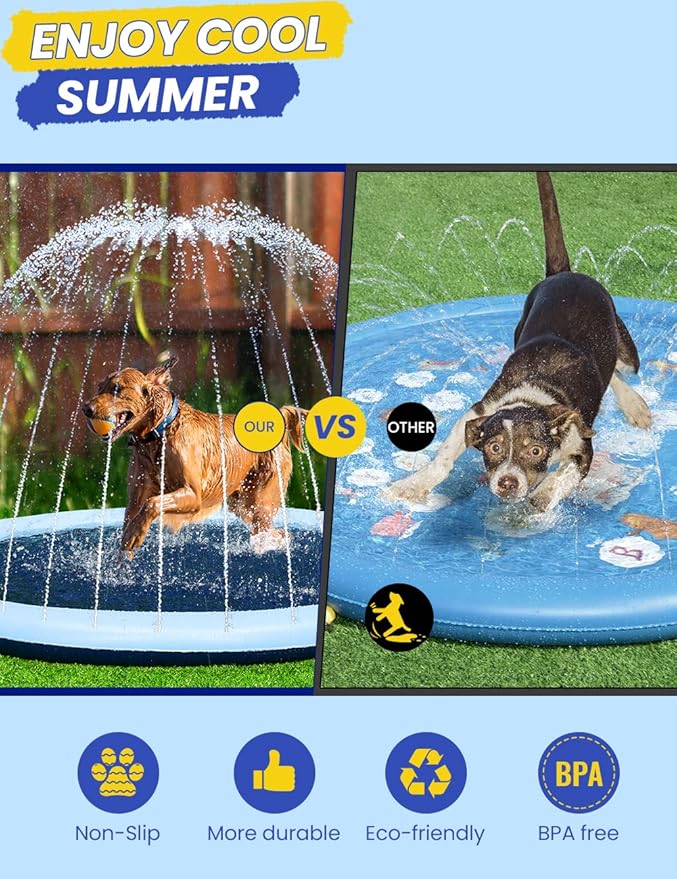 PETOCAT Splash Pad Non-Slip Dogs Cool Sprinkler Pool Extra Large Splash Pads for Kids Dog Baby Wading Pool Summer Outdoor Play Water Fun Toy Gift Easy to Use/Clean 87 inch