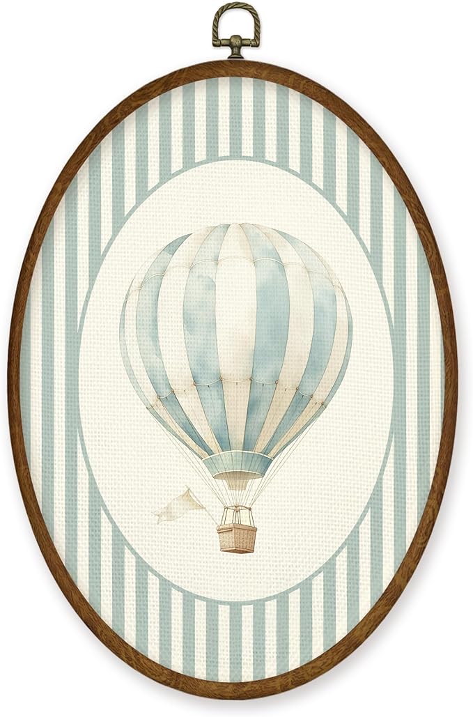 WULQYING Vintage Hot Air Balloon Nursery Wall Art Decor, Kids Room Oval Framed Canvas Art Prints, Boy Girl Nursery Wall Hanging Decor for Kids Toddler Room Bedroom Playroom, 8.6x11.4 Inches