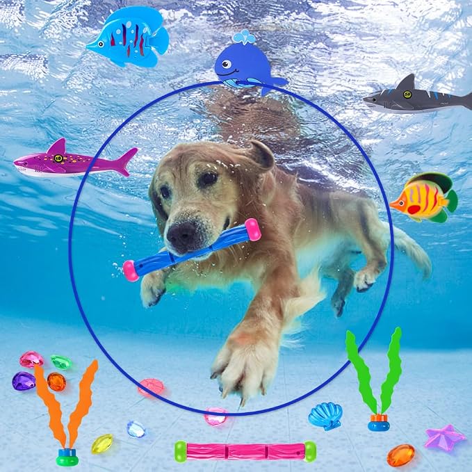 YUJUN 31 PCS Pool Diving Toys Big Rings Swim Thru Rings Pool Game Toys Summer Underwater Game with Pool Fishes Dive Sticks Gems Storage Bag Swim Birthday Party Favors for Kids Teens Adults