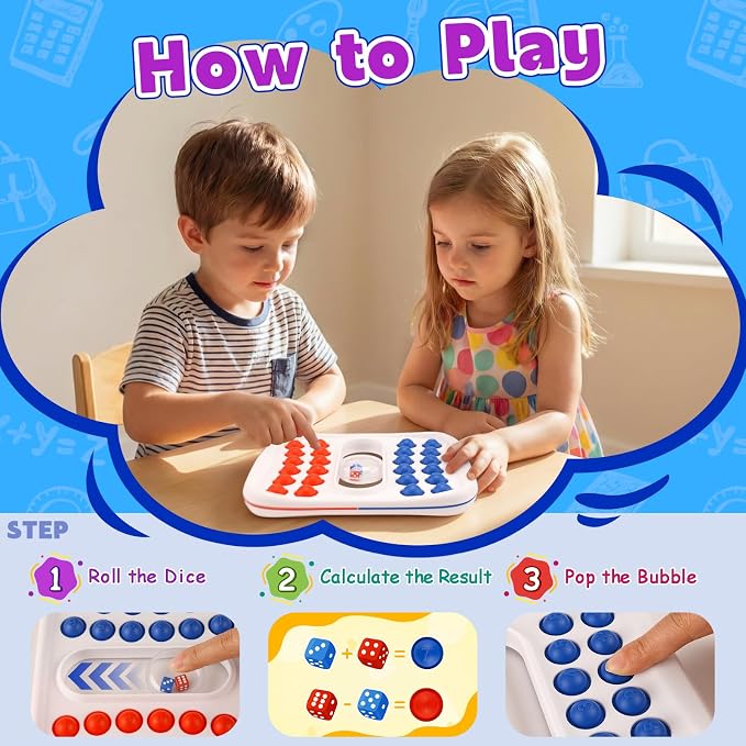 Kiditos Pop Math Game for Kids Ages 4–8, Fidget Math Board Game with Built-in Dice, Addition & Subtraction Learning Toy, Sensory STEM Toy for Classroom, Homeschool & Travel