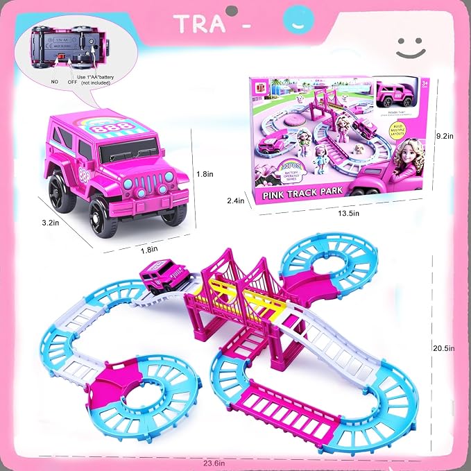 Race Tracks Toys for 3 4 5 6 Year Old Girls Kids, Princess Track Car Mode Game W/1 Electric Truck Car, Birthday Gift Toddler Cars Toy for 2-5 Year Old Girl Boy(Pink)