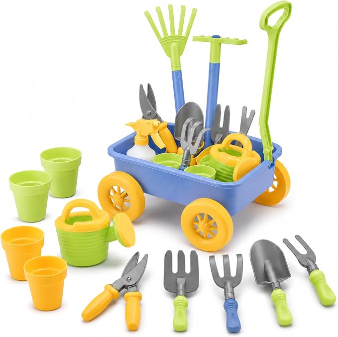 Liberty Imports Pull Along Garden Wagon and Gardening Tools Toy Play Set for Toddlers, Kids with Outdoor Tools, Plant Pots, Accessories