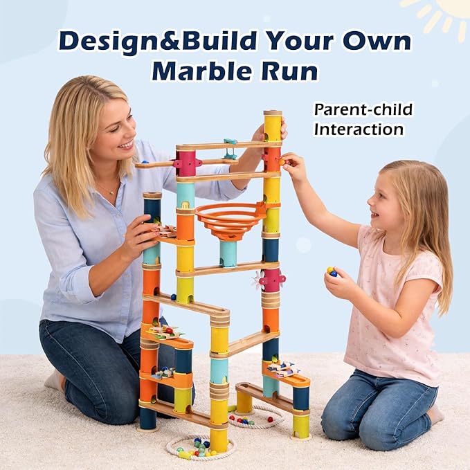 146pcs Bamboo Marble Runs Building Construction Toy Set with Musical Ball, Simple Maze for Children Age 3+