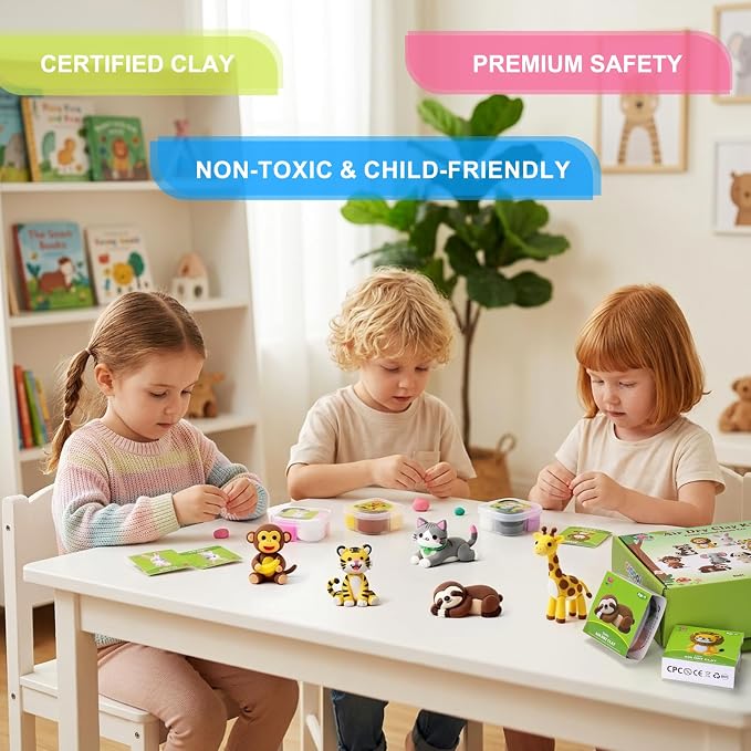 Kids Air Dry Clay Kit – 12 Animal Sculpting Set with Tools & Tutorials | Safe, Ultra-Light, No-Bake Clay | STEM Art Gift for Ages 3+