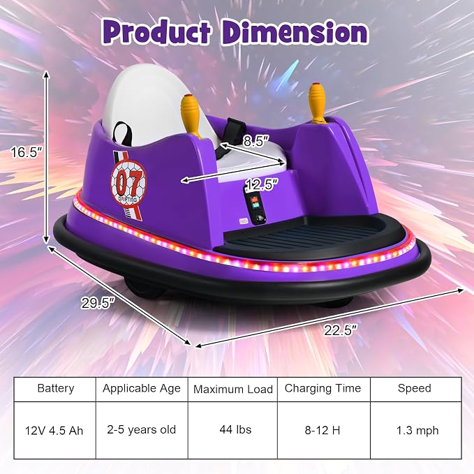Costzon Bumper Car for Kids, 12V Electric Toddler Bumping Car with Remote Control, Dual Joysticks, 360 Spin, Music, Flashing Lights, Slow Star, Kids Bumper Car Ride on Toy for Boy Girl Gift (Purple)