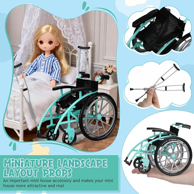 Garneck 1 Set of Green Miniature Wheelchair and Crutches Playset for Doll: Miniature Wheelchair Model for Dollhouse Furniture Accessories DIY Micro Scene Decor