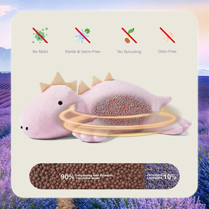 OSOCU® Microwavable Heating Pad Purple Stegosaurus Plush - 1.4 Lb Weighted Stuffed Animal Toy with Tourmaline Beads & Lavender - 16" Squished Long Dinosaur Pillow - Lumbar Back Cushion Lasting Warmth