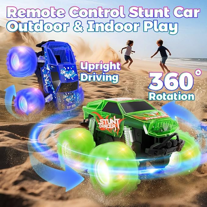 Drefirsa Amphibious Monster Truck Toy, Waterproof Remote Control Car, 4WD Off-Road RC Truck with Colorful Light, RC Stunt Car Toy for 4-7 8-12 Year Boy Birthday Gift Present