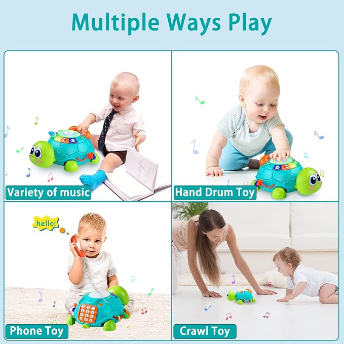 Ussybaby Baby Crawling Toys 6 to 12 Months, Infant Turtle Musical Toys with Phone Hand Drum，Baby 7 8 9 10 11 Months 1-2 Year Old Boy Girl Gift Green