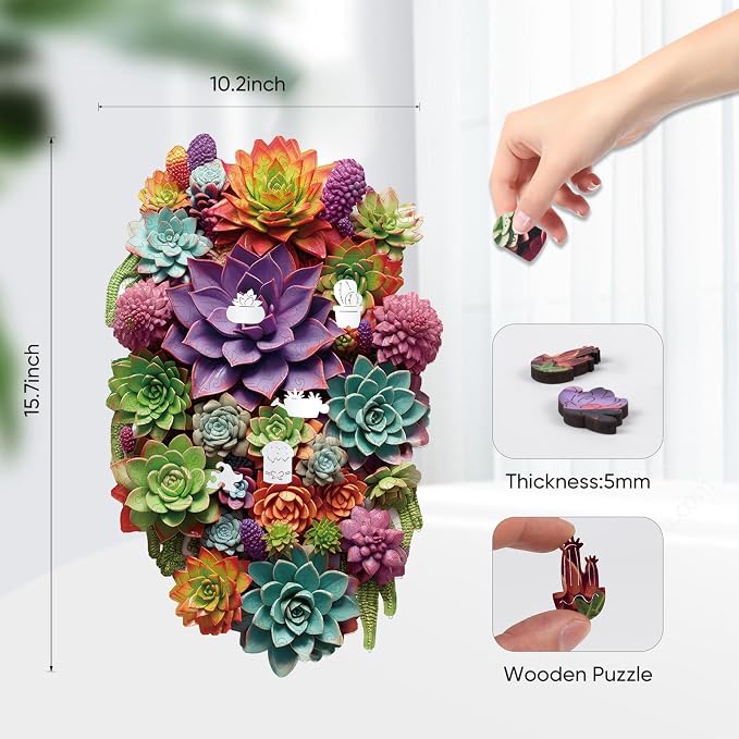Delobil Succulent Waterfall Wooden Puzzles, 300 Pieces Jigsaw Puzzles, Unique Design Wooden Puzzles for Adults and Kids, Family Game Gift 10.2 x 15.7 Inch