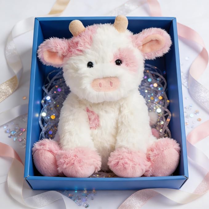 Hopearl Adorable Plush Cow Toy Floppy Dairy Cattle Soft Kawaii Stuffed Animal Cute Birthday Holiday Gift for Boys Girls Kids Toddlers, Pink, 9''