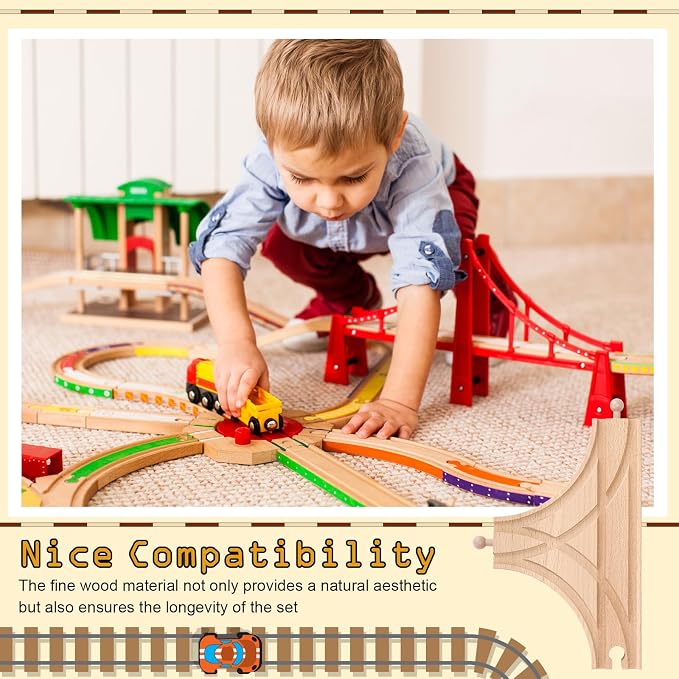 RoundFunny 3 Pcs Wooden Train Track Expansion Set Wooden Train Accessories 8 Way Wood Track Turntable, Forked Rails and Wood T Train Track Compatible with Most Railroad for Table Tabletop Activities
