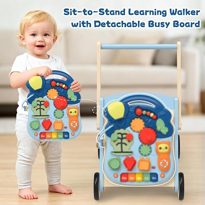 2 in 1 Wooden Baby Walker and Activity Center for Girls Boys Sit-to-Stand Learning Toy Kids Montessori Educational Push Toys with Music Detachable Busy Keyboard for Toddlers Blue
