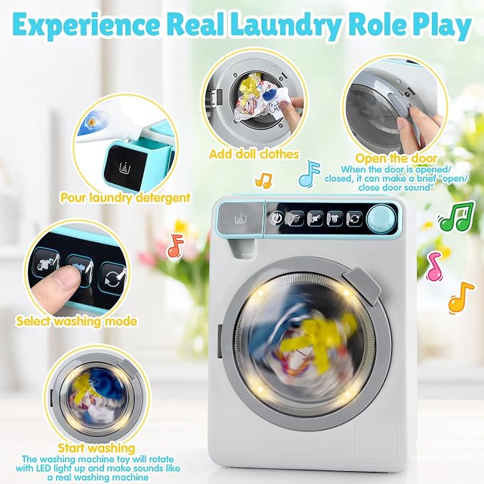 Kids Toy Washing Machine, Realistic Pretend Play Appliance for Girls, Interactive Toy Dollhouse Furniture, Play Washer and Dryer Playset with Spinning Drum