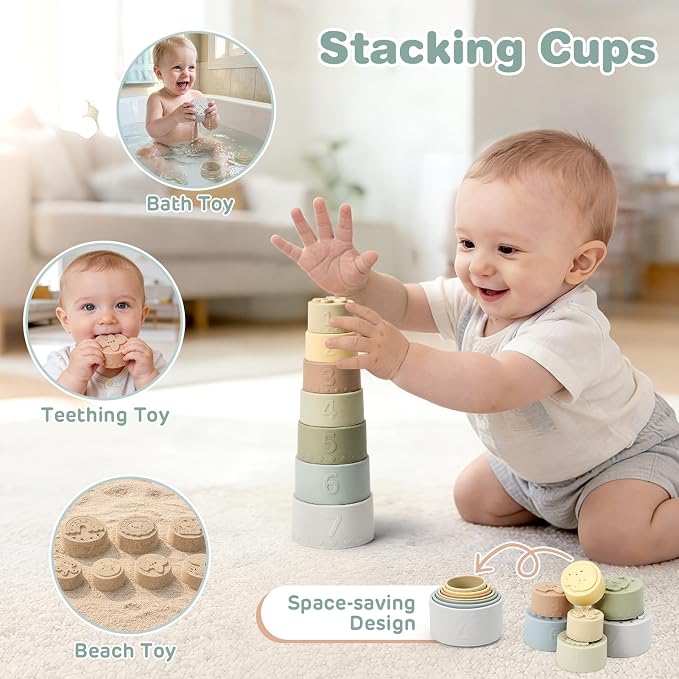Baby Toys 6-12 Months, Montessori Toys for Babies, Shape Sorter & Stacking Rings & Stacking Cups & Sensory Balls, Teething Toys & Stacking Toys for 6+ Months, Neutral Color Gift for Boys Girls