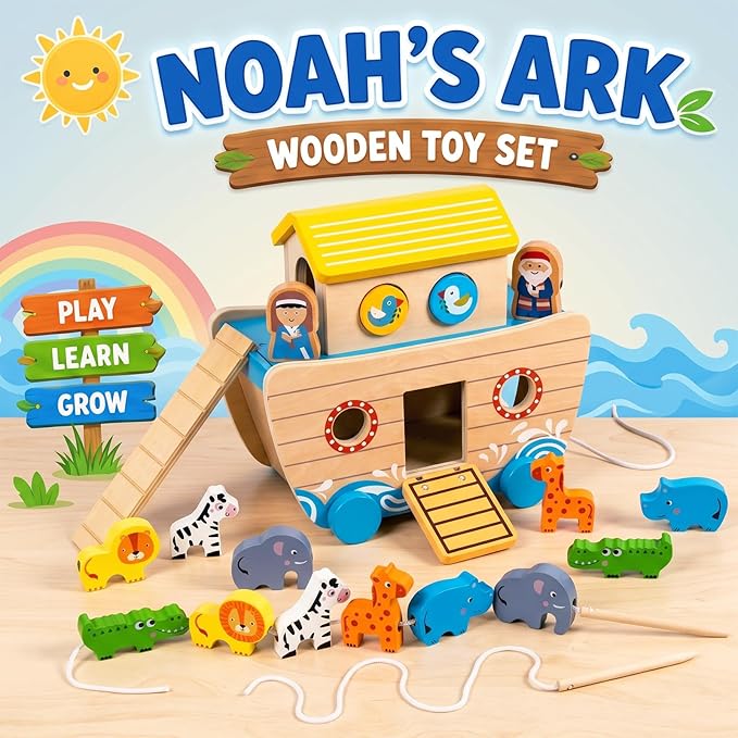 Wooden Noah's Ark Toy for Toddlers 1-3, Baptism Christening Gifts for Boys Girls, Christian Toy Animal Shape Sorter, Baby Birthday