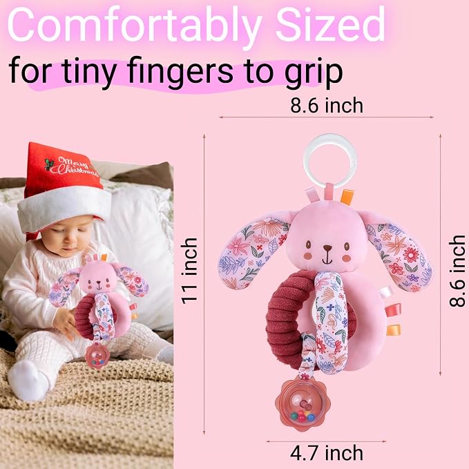 Baby Stroller Hanging Car Seat Toys for Infants 0-6 Months Girl 0-2-3-4-5-7-8-9-10 6-12-18 Month Old Newborn Gifts, Carseat Pink Plush Bunny Travel Toy for Babies Boy Play Gym Rattle Squeaky