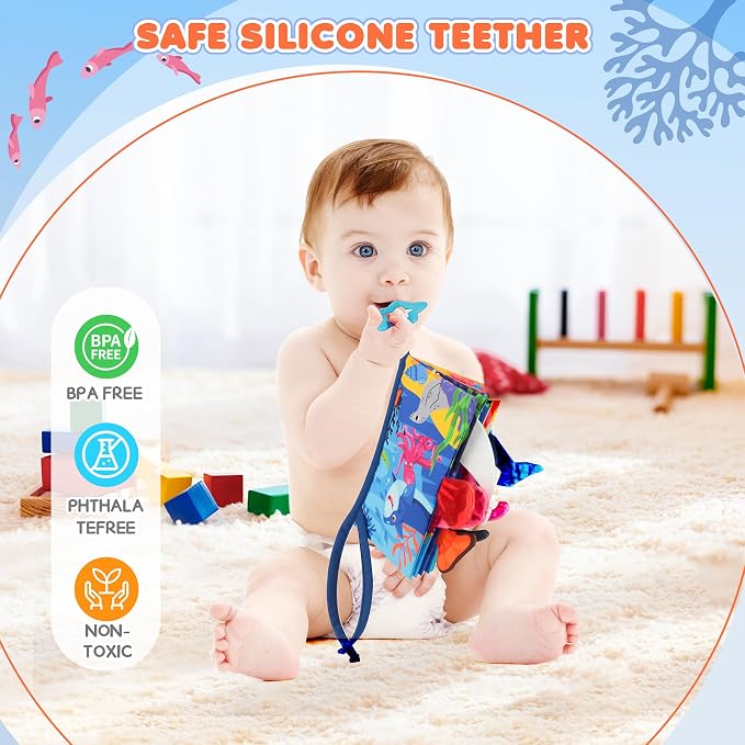 BBWOO Soft Baby Book Toy - Newborn Boy Girl Shower Gift - Tummy Time Toy for Infant 0-6 6-12 Months - Touch and Feel Sensory Crinkle Book with Teether - Baby Boy Girl Gift