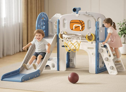 XJD 8 in 1 Toddler Slide Set, Kids Slide for Toddlers Age 1+, Climber Slide PlaySet with Basketball Hoop and Ball,Outdoor Indoor Playground for Toddlers 1-3 (Blue, Small)