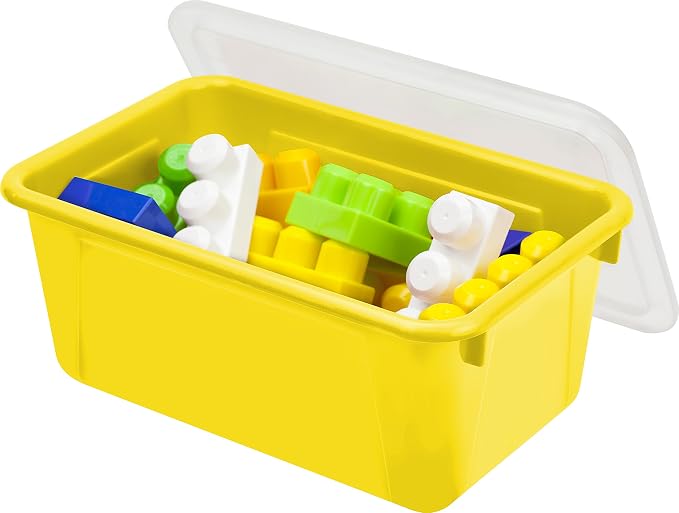 Storex Small Cubby Bins – Plastic Storage Containers for Classroom with Non-Snap Lid, 12.2 x 7.8 x 5.1 inches, Yellow, 5-Pack (62410A05C)
