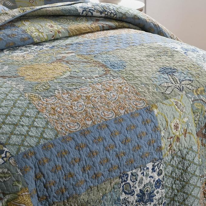 Cotton Bedspread Quilt Bedding Sets Reversible Coverlet Sets Comforters Rustic Paisley Floral Patchwork Sage Green Bedspread, Queen Size