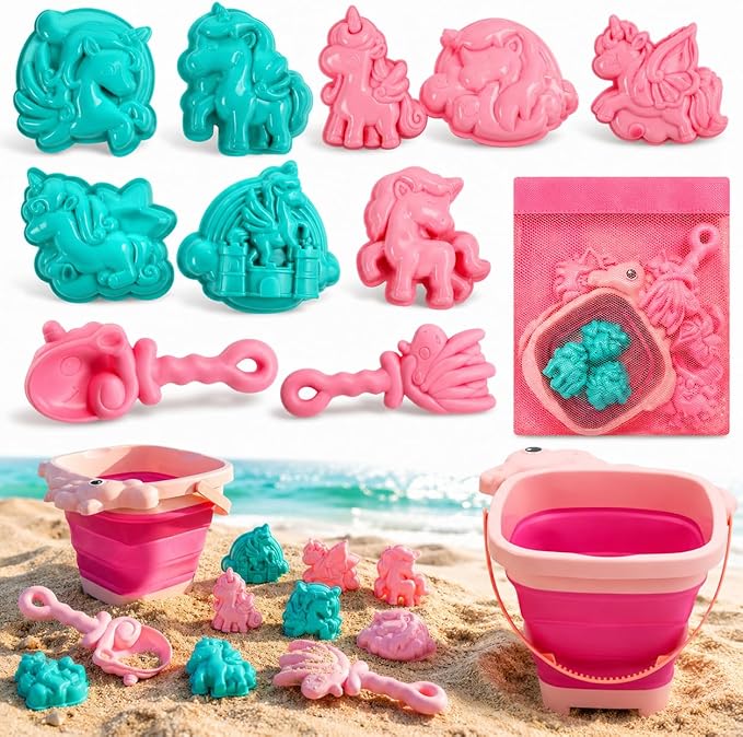 TOY Life Unicorn Beach Toys for Girls Ages 4-8, Collapsible Silicone Sand Toys Set with Bucket, Molds & Shovels, Travel Beach Toys, Sandbox & Snow Play, Unicorn Gifts for Kids
