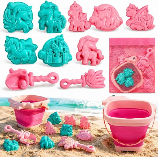 TOY Life Unicorn Beach Toys for Girls Ages 4-8, Collapsible Silicone Sand Toys Set with Bucket, Molds & Shovels, Travel Beach Toys, Sandbox & Snow Play, Unicorn Gifts for Kids