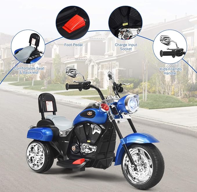 Costzon Kids Motorcycle, 6V Battery Powered Ride on Chopper Motorcycle w/Horn, Headlight, 3-Wheel Stable Ride on Toys, Electric Toddler Motorcycle for Kids, Gift for Boys Girls (Blue)