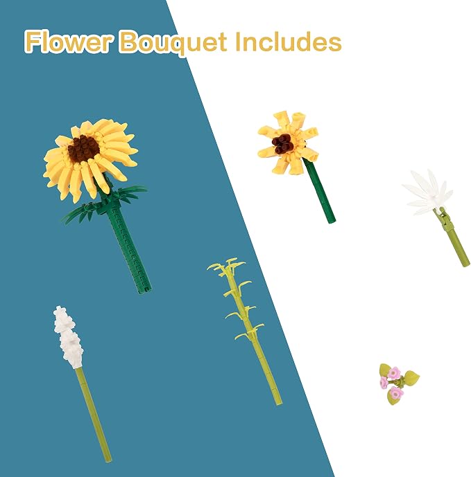 Sunflower DIY Building Blocks Kit - 545 PCS Botanical Flower Bouquet Micro Bricks for Adults and Ages 14+, Creative STEM Gift, Home & Office Decor with Dust Cover