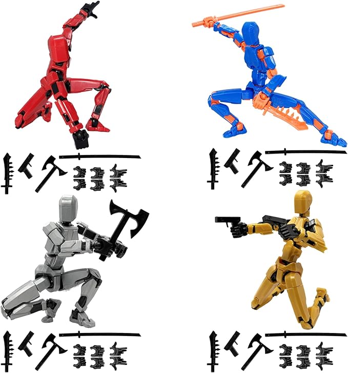4 Packs T13 Action Figure Set (Assembly Completed), 3D Printed Multi-Jointed Movable Dummy 13，Titan13 Action Figure, Action Figure Desktop Decorations for Game Lovers Toy, Christmas Birthday Gift