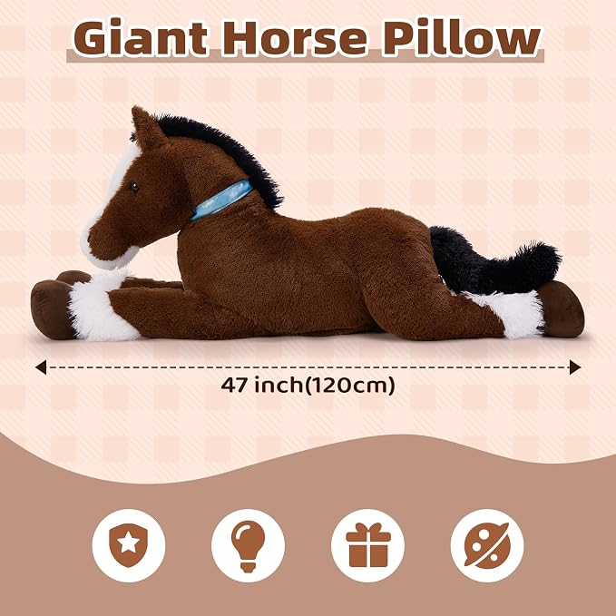 Tezituor 4ft Realistic Giant Horse Stuffed Animals, 47 inch Chocolate Large Stuffed Horse Farm Plush Toy, Hugging Soft Pony Plush Body Pillow for Boys Girls Christmas Birthday