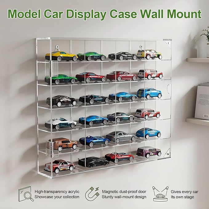 JUESHA 2 Pack Acrylic Display Case for Hot Wheels Storage 1/64 Scale, 6 Levels 24 Slots Toy Cars Showcase Wall Mount or Desktop, Clear Display Organizer for Diecast Matchbox Model Car Tabletop