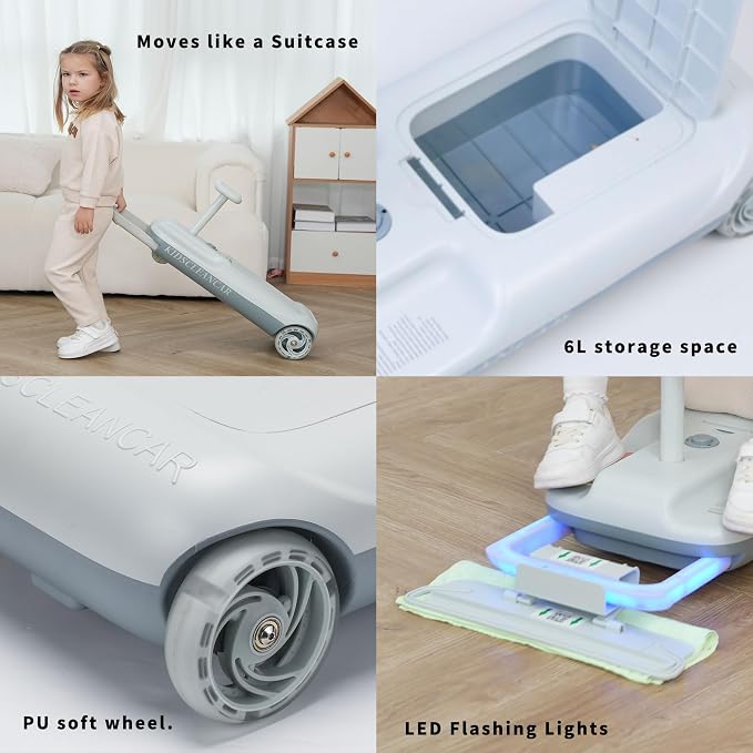 Kids Clean Car Ride-On Go Kart with Detachable Mop, Cleaning Fun 3-in-1 Electric Ride-On Toy for Kids Ages 3+, Parent-Controlled Speed Lock, Soft Start, Rechargeable 12V Battery, Indoor Outdoor, Gray