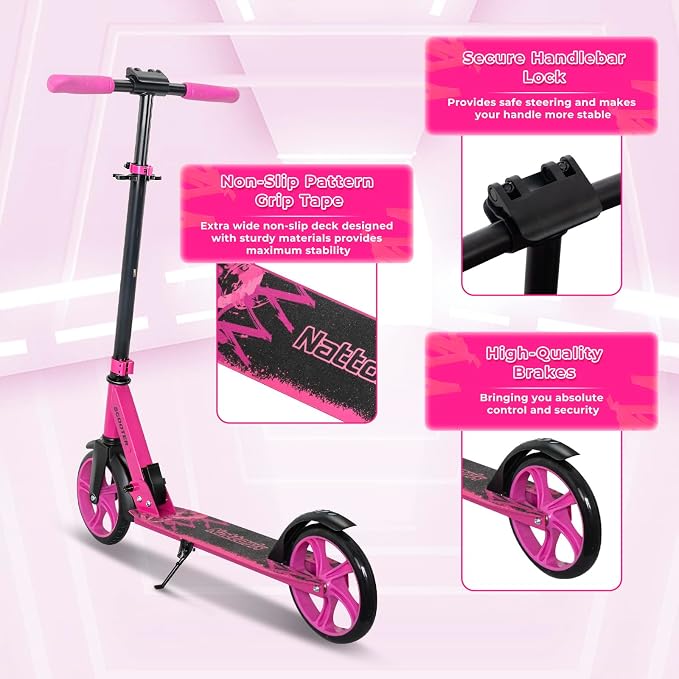 Nattork Scooter for Kids 6+, Teens and Adults- Adjustable Height Folding Kick Scooter with Large Sturdy Wheels for a Smooth Ride, Lightweight, Anti-Shock Suspension for Boys and Girls