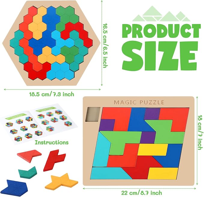 Yunsailing 3 Pack Large Wooden Blocks Puzzles Hexagon Tangram Puzzle Wooden Russian Brain Puzzles for Adult Challenge Teasers Geometric Jigsaw Logic Iq STEM Educational Gift Graduation(Fancy)