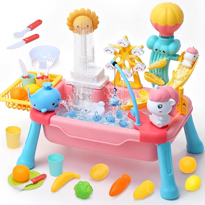 CUTE STONE Toddler Water Table for Kids, Kitchen Sink Toy with Running Water & Fishing Game,Water Play Table for Backyard Beach Pool, Summer Gifts for Boys Girls-Unicorn