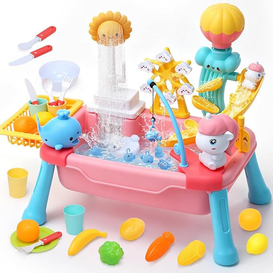 CUTE STONE Toddler Water Table for Kids, Kitchen Sink Toy with Running Water & Fishing Game,Water Play Table for Backyard Beach Pool, Summer Gifts for Boys Girls-Unicorn