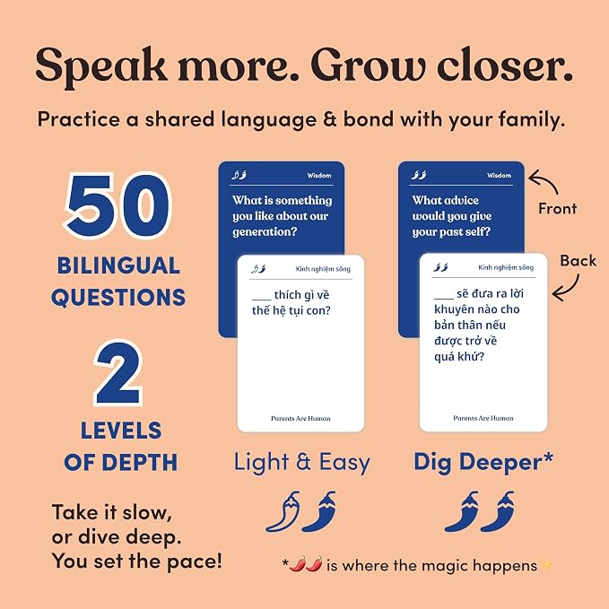 Parents Are Human, Relationship Cards, Get to Know Each Other Better, Parents, Families, Teens & Kids Relationship Building, Light & Deep Questions, 70 Questions & Activity Cards, English + Vietnamese