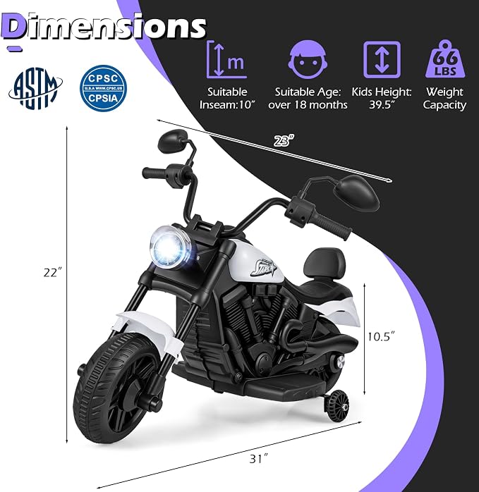 Costzon Kids Motorcycle, 6V Chopper Motorbike Ride on Toy with Headlight, Music, Training Wheels, Electric Toddler Motorcycle for Kids Boys Girls, Gift (White, 31" x 23" x 22"(L x W x H))