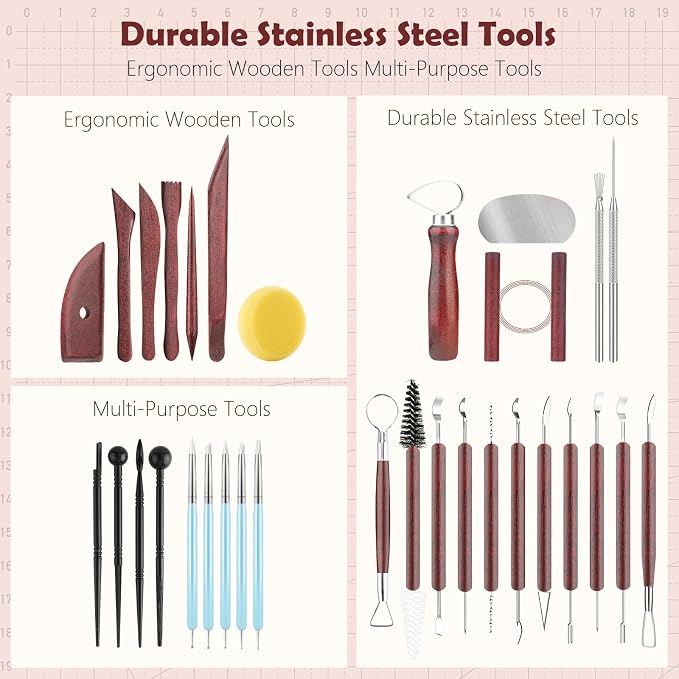 34PCS Clay Tools Sculpting Set, Pottery Tools and Supplies, Ceramic Polymer Tools Kit for Carving, Shaping, Dotting, Molding, Modeling, Pottery Kiln, Pottery Wheel, Air Dry Clay, Crafting Supplies